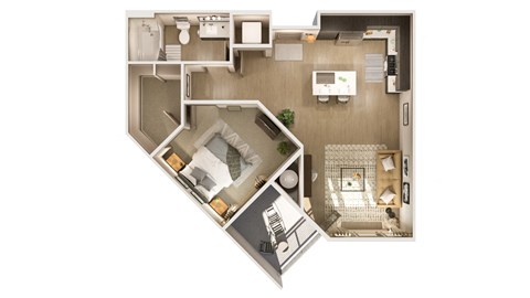 a 3D floor plan of a home with a bedroom and a living room at Cuvee, Glendale, AZ
